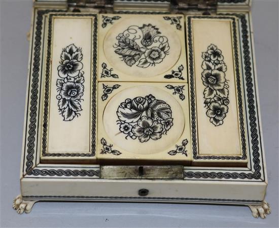 A late 19th century Vizagapatam boxed set of gaming counters, 4.25in.